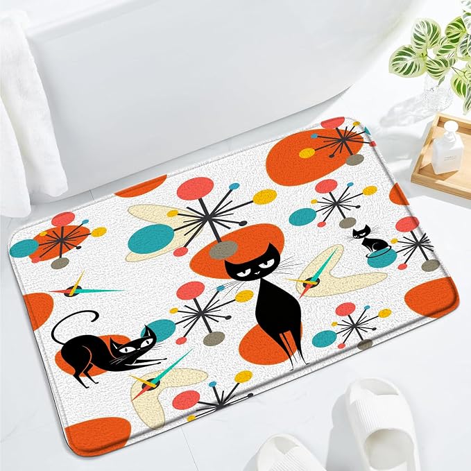Mid Century Black Cat Bath Mat,Orange Teal Modern Atomic Geometric Bathroom Rug Shower Floor,Retro 50s 64s Vintage Bath Rug,Absorbent Doormat Bedroom Rug Kitchen Toilet