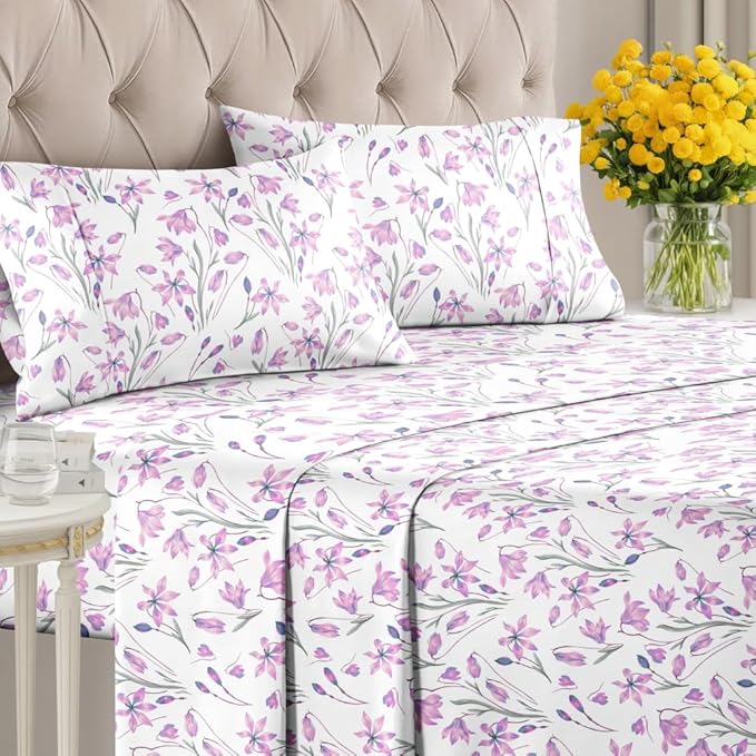 Floral Sheets - Pink Floral Bed Sheet Set - 1 Flat & 1 Fitted & 2 Pillowcases w/ Deep Pockets - Comfy, Wrinkle & Fade Free - Boho Botanical Bedding - Ultra-Soft, Breathable & Cooling - King Size Set