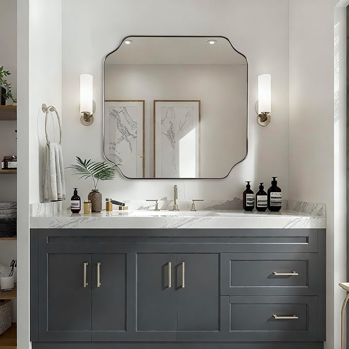 ANDY STAR 30"x30" Brushed Nickel Square Mirror, Silver Bathroom Mirror for Over Sink, Modern Scallop Mirror in Anti-Rust Stainless Steel Frame, Unique Notched Corner Design, Ideal for Home Remodel