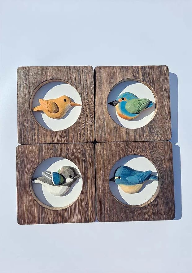 Wood Bird Sculpture with Frame, Cute Hand Carved Bird Wall Art Bird Wall Decor Wooden Wall Decor Desk Table Ornament Office Home Décor Bird Gift (Yellow)