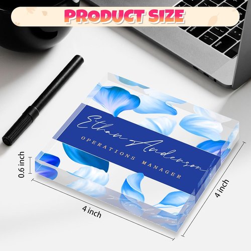 Custom Professional Office Desk Signs - Personalized Acrylic Name Plates | Unique Employee Appreciation Gifts - Square (Blue Petals)