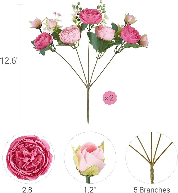 Mkono Peonies Artificial Flowers, Small Silk Flowers for Home Decor Indoor Fake Bouquet Faux Floral Arrangements Dining Table Centerpieces for Kitchen Bridal Wedding Party Decor (2, Mixed Pink)
