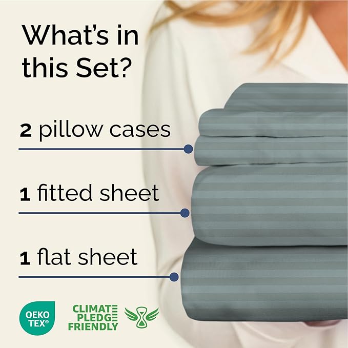 Striped Sheets - Green Striped Sheets - 1 Flat & 1 Fitted & 2 Pillowcases w/ Deep Pockets – Comfy, Wrinkle & Fade Free - Ultra-Soft, Breathable & Cooling – Luxury Pinstripe Bedding - King Size Bed Set