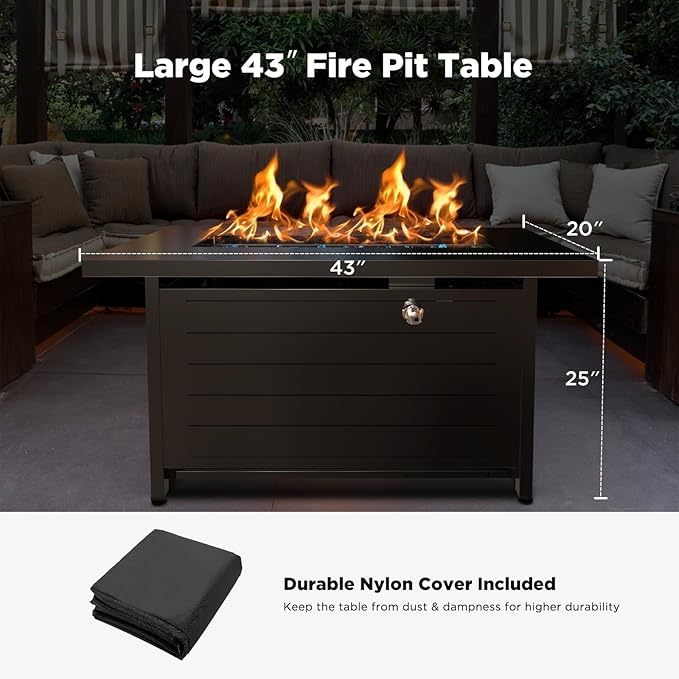Ciays 43-Inch Propane Fire Pit Table with Glass Beads & Lid, CSA-Certified Gas Fire Pit with Cup Holders, Hanging Shelf & Nylon Cover, Outdoor Fire Pit for Patio & Deck, 60,000 BTU Heat Output