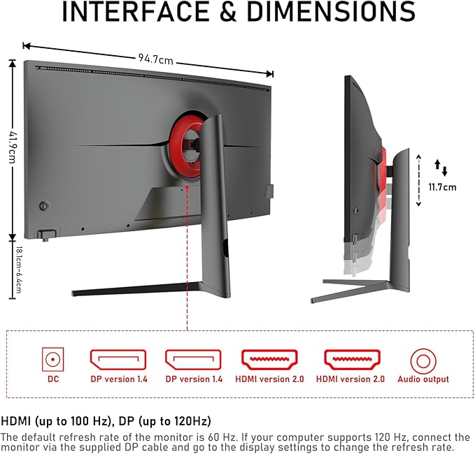 Gawfolk 40-inch IPS WUHD 5K (5120x2160) Ultrawide Curved 120Hz Gaming Computer Monitor, 2500R PC Screen, 21:9, 120% sRGB, Adaptive sync,with Speaker,Supports Lifting Rotating,DisplayPort, HDMI, Black