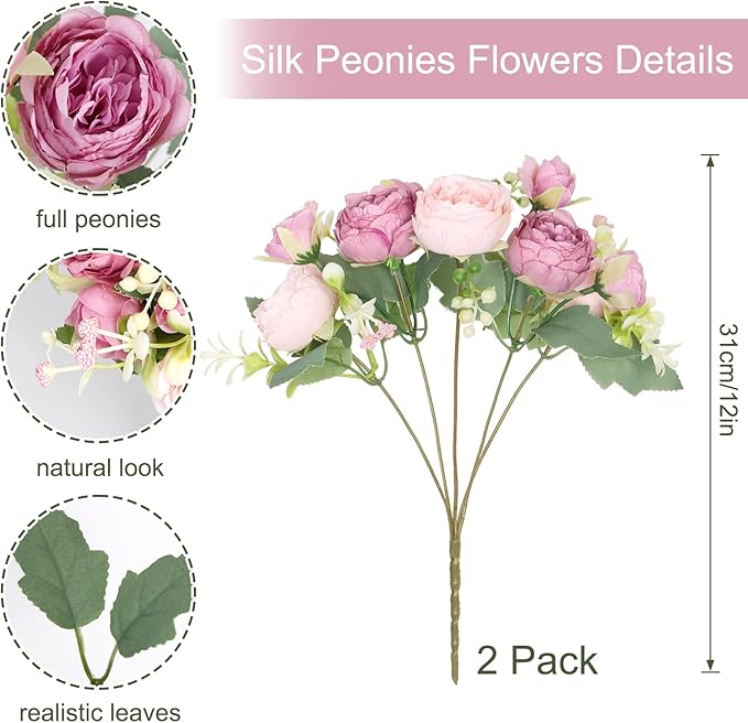 SOMYTING Peonies Artificial Flowers, Fake Flowers Pink Peonies Faux Flowers Vintage Artificial Silk Flower Peonies Bouquets Floral Arrangements Home Wedding Party Coffee Table Decor (Mixed pink, 2PCS)