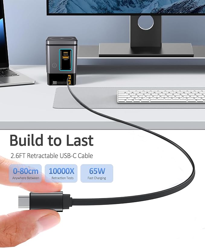 SUGOOL Retractable Charger with Wall Plug, 105W GaN 6-in-1 Charging Station with Magnetic Pad – MagSafe Compatible USB-C/Type-C Fast Charging Charger for iPhone, AirPods, MacBook