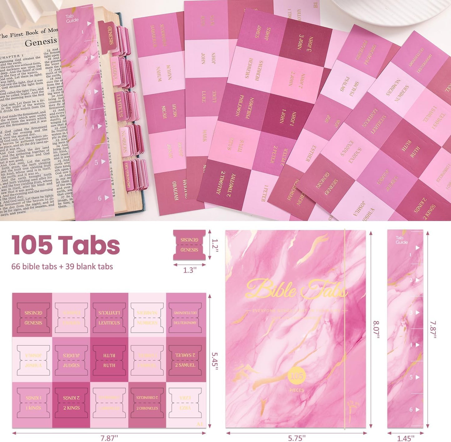Skiennix Laminated Bible Tabs - Gold Foil Embossed Index Labels for Easy Navigation | 105 Chapters (Pink)
