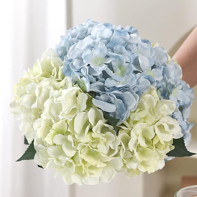 10PCS Artificial Hydrangea Flowers, Fake Hydrangea Silk Flowers Heads with Stems for Wedding Home Party Shop Baby Shower Decoration-Light Green