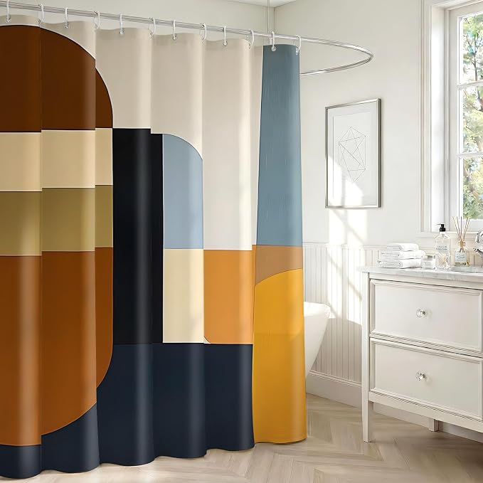 Brown Mid Century Shower Curtain, Abstract Geometric Modern Pattern, Navy Blue and Yellow Boho Bathroom Decor, Retro Art Waterproof Fabric Bath with Hooks, 75x70 Inch