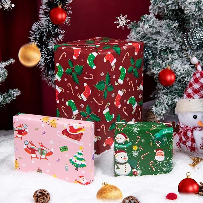 Christmas Wrapping Paper Roll-Pink/Red/Green Wrapping Paper- 3 Large Roll - 27 Inch X 6.5 Feet each roll Design for Holiday, Party, Celebration (Christmas Pink/Red/Green（007）)