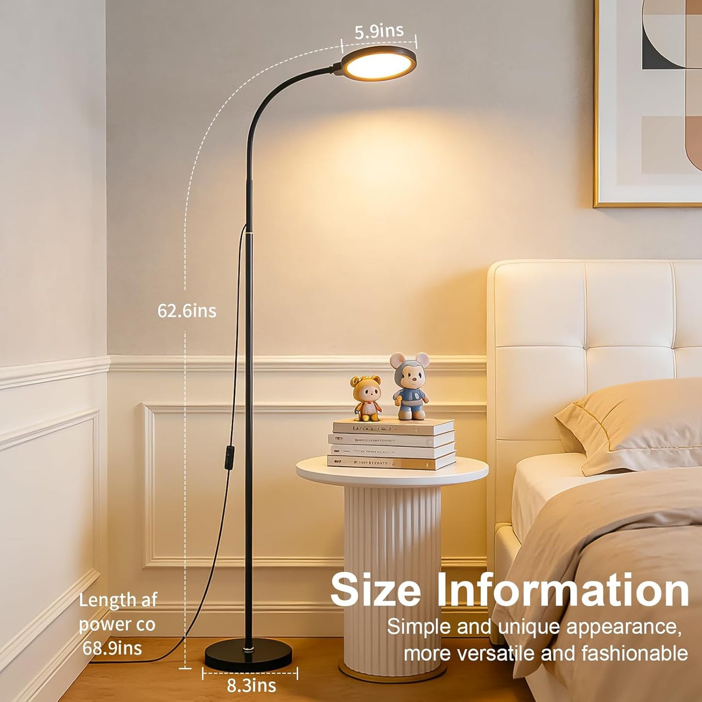 Skiennix Modern Black Floor Lamp - 62.6” Adjustable Gooseneck LED Lamp with Dimmer & Color Temperature for Living Room, Bedroom, Office