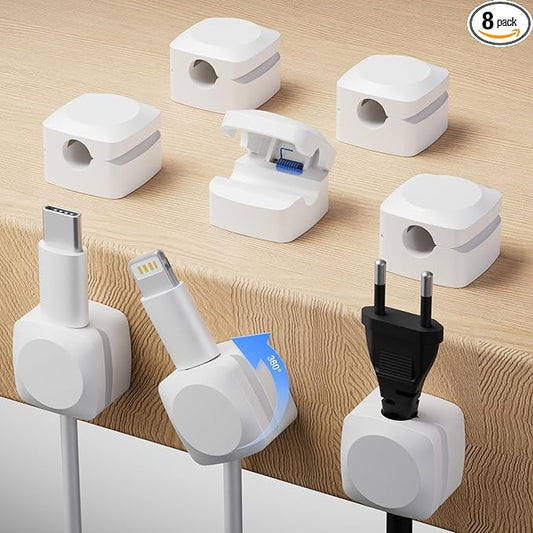 Rotatable Cord Organizer, Enhanced Spring Cable Clips, Strong Adhesive Cable Management, Desk Cord Holder for Nightstand, Office Accessories and Car (8*White)