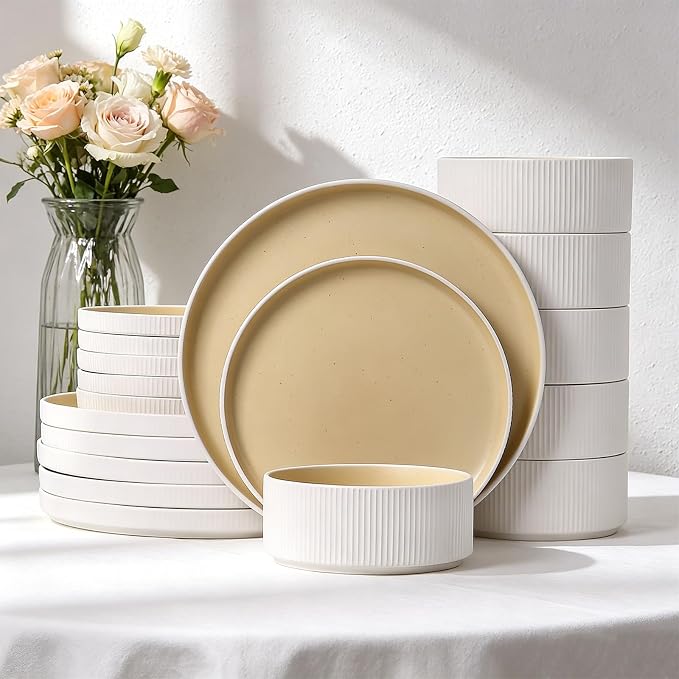 MONITO Ceramic Dinnerware Sets for 6, 18PCS Stoneware Plates and Bowls Sets, Reactive Glaze Dish Set, Chip and Scratch Resistant Double, Microwave and Dishwasher Safe, White Orange