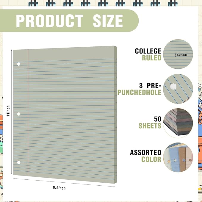 PerKoop 600 Sheets Colored Loose Leaf Paper 8.5" x 11" college ruled Lined 3 Hole Punched notebook Filler Paper for 3 Ring Binders Office School Supplies (Muted Colors)