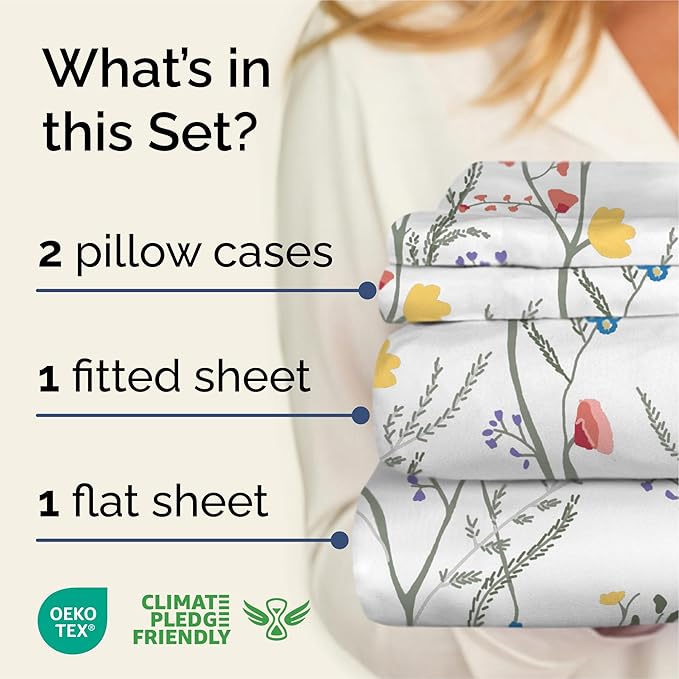 Floral Sheets - Boho Cal King Bed Sheet Set - 1 Flat, 1 Fitted & 2 Pillowcases w/ Deep Pockets - Wrinkle & Fade Free - Boho Botanical Bedding - Ultra-Soft, Breathable and Cooling - Cal King Size Set