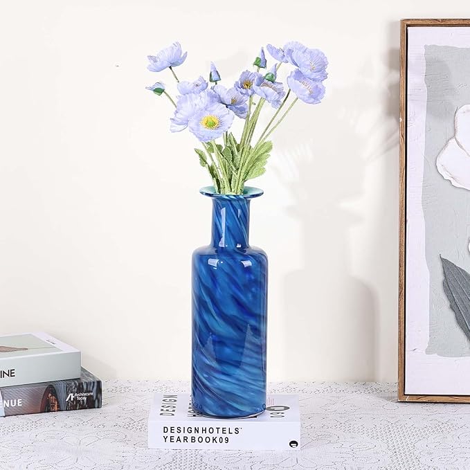 Hand Blown Glass Vase Cobalt Blue Swirl – Murano Style Art Glass Vase with Wide Mouth for Flowers, Unique Bubble Vase, Coastal Blue Glass Decor for Dining Table, Living Room, Entryway Accent (Blue)