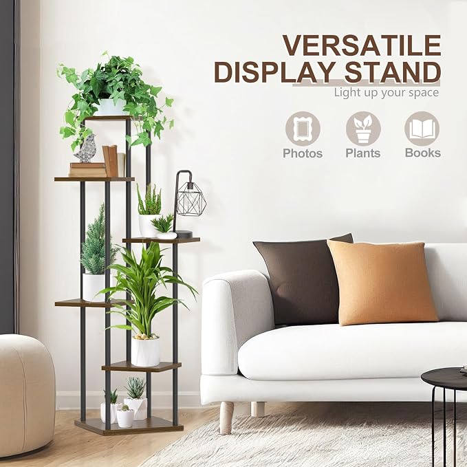 Oppro 6 Tier Plant Stand Indoor Outdoor, Tall Metal Wood Muti-Level Planter Shelf Holder, Sturdy Large Vertical Corner Orchid Flower Pot Display Rack for Narrow House Decor Office Living Room Bedroom, Oak