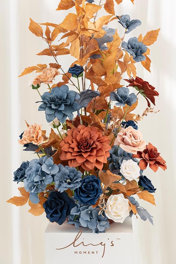 Ling's moment 41" Tall Fall Free Standing Artificial Flowers Arrangements 2 pcs Wedding Arch Altar Stage Decorations Russet Orange & Denim Blue for Ceremony Reception Church Backdrop Outdoor Party