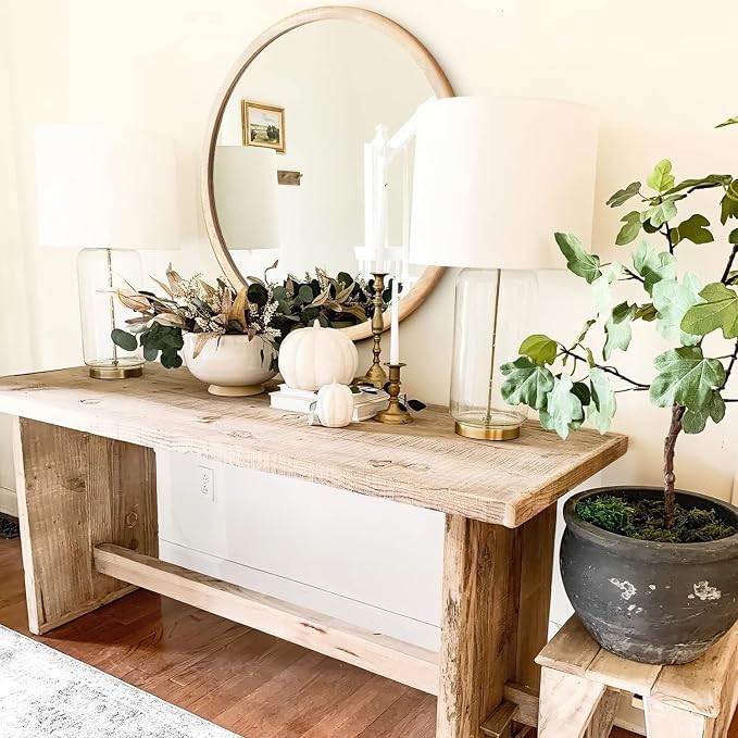 Round Wood Mirror,24 inch Circle Wooden Natural Large Farmhouse Vanity Boho Decor Wall Mirror for Bathroom Bedroom Living Room Hallway