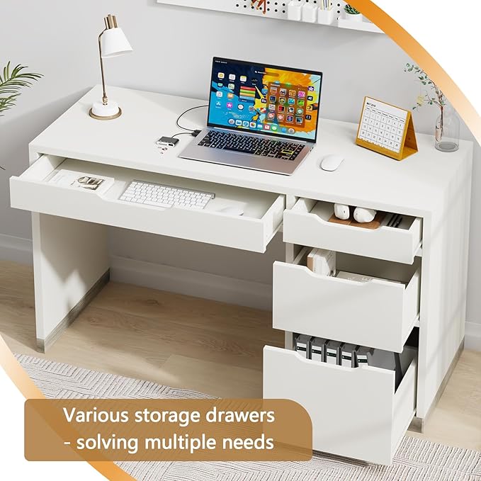 52 Inch White Desk with Drawers, Small Desk with Storage for Kids, Study Worksation with Filing Cabinet and 4 Drawers for Bedroom