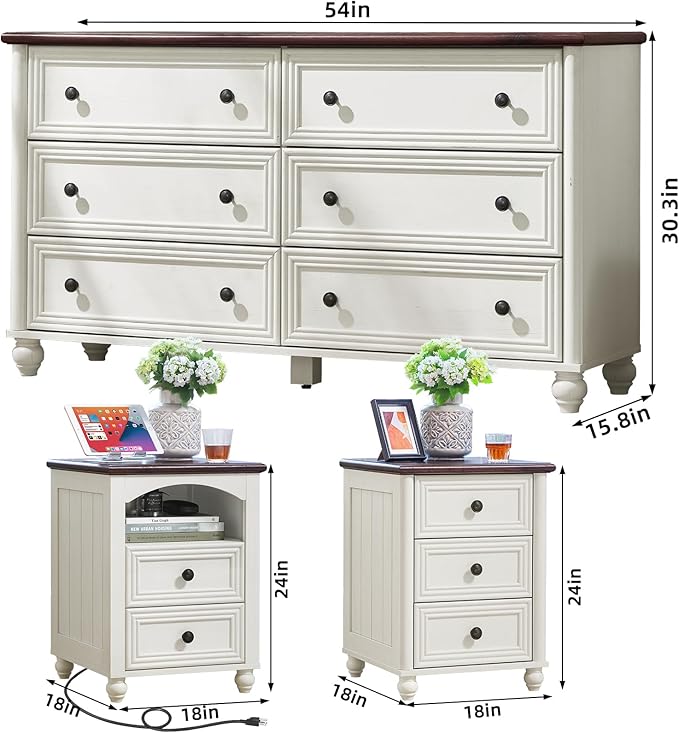 Dressers & Night Stand Set of 3, Wood 54'' Wide Dresser & 18'' Chest of Drawers, Roman Column 2 & 3 Drawer Nightstand Set of 2, Furniture 6 Drawer Dresser Suites for Bedroom Living Room, Hallway, Home