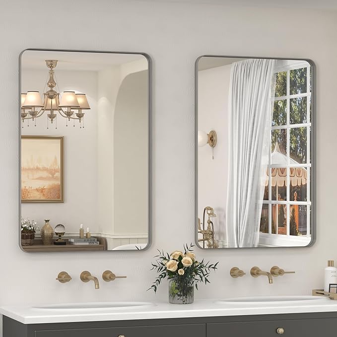2 Pack of 24x36 Inch Silver Brushed Nickel Bathroom Mirror for Wall, Rounded Rectangle Silver Framed Bathroom Vanity Mirror, Anti-Rust, Shatterproof, Hangs Horizontally or Vertically