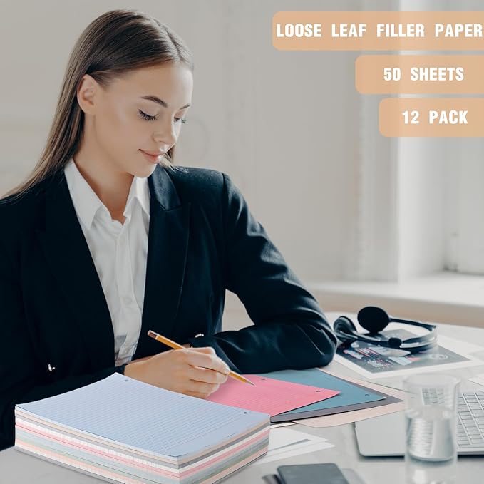 PerKoop 600 Sheets Colored Loose Leaf Paper 8.5" x 11" college ruled Lined 3 Hole Punched notebook Filler Paper for 3 Ring Binders Office School Supplies (Modern Colors)