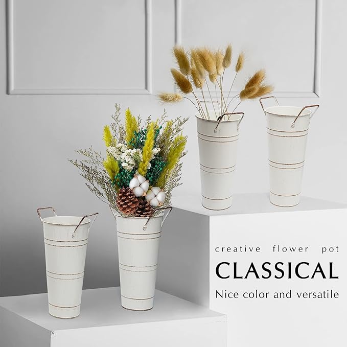 Notakia Galvanized Metal Vases Farmhouse French Flower Bucket Vases for Cut Flowers for Home Decor and Wedding Table Centerpiece Decorations (Beige 4Pcs)