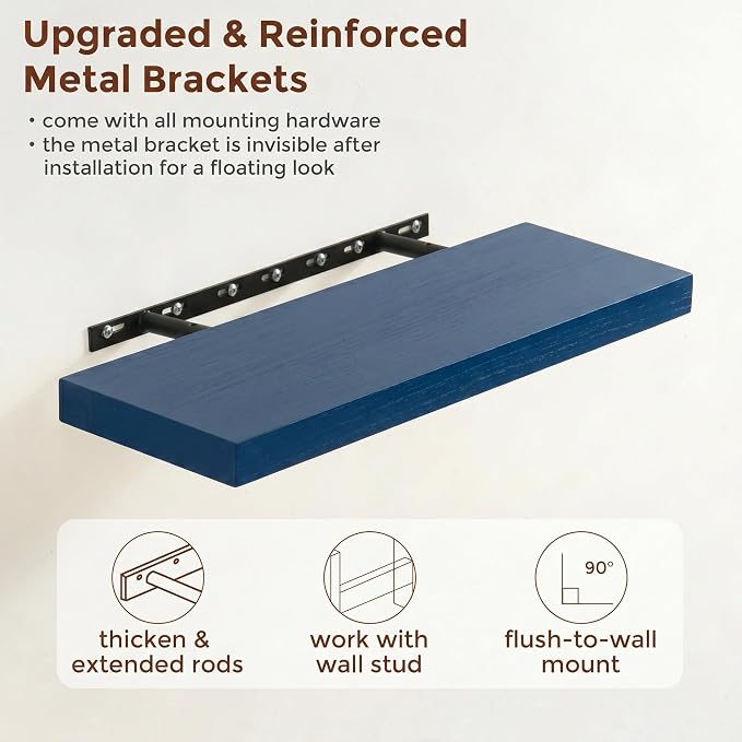 fuqing Dark Blue Floating Shelves | 24 Inch Floating Shelves for Wall Set of 2 | 24" W x 6.7" D x 1.4" H Blue Shelves for Bathroom Living Room Bedroom Kitchen