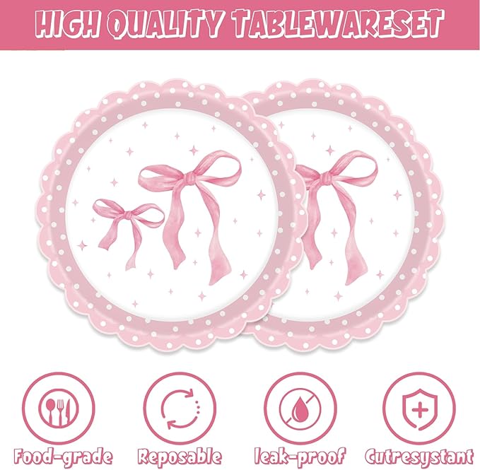 40Pcs Pink Bow Birthday Decorations Pink Bow Plates and Napkins Set Party Supplies for Baby Shower Decor Bachelorette Coquette Birthday Decorations for Girl