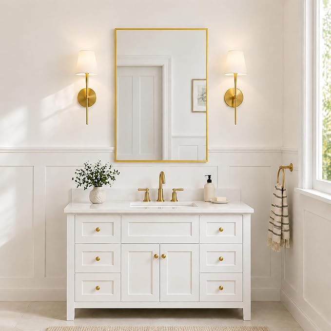 24x36 Inch Brushed Gold Bathroom Mirrors Set of 2, Tempered Glass Rectangular Wall Mirror, Rustproof Metal Frame Double Vanity Mirrors for Over Sink, Entryway, Flush Mount
