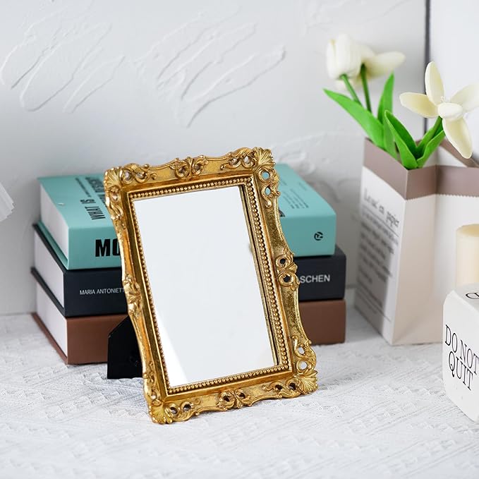 Funerom Vintage Decorative Mirror, Wall Mounted & Tabletop Makeup Mirror (Antique Gold, 8.8 x 6.8 inch)