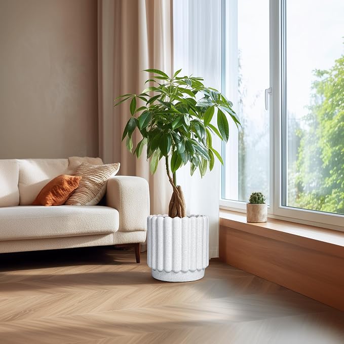 Ceramicfor Ceramic Flower Pots - 12 Inch Plant Pot Indoor Outdoor, Fluted Large Ceramic Planters with Drainage Hole, Modern Round Planters, Apartment Decor, Plant Lover Gifts, White