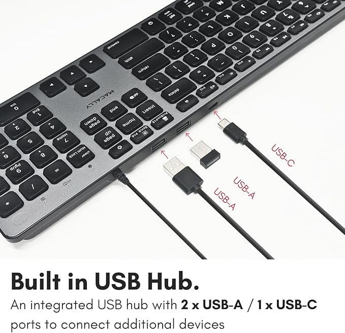 Macally Wired Keyboard for Mac with USB Hub (2X USB-A / 1x USB-C) - Compatible Backlit Apple Keyboard with Dual Interface - Auto OS Detection for Mac, MacBook Pro/Air, iMac, PC, Android, iPad, iOS