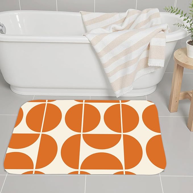 Orange Mid Century Modern Bath Mat, Boho Abstract Geometric Semicircle Retro Art Bath Rug for Bathroom, Colorful Unique Pattern Flannel Bath Mat Soft Non Slip Bath Rugs 29X17IN
