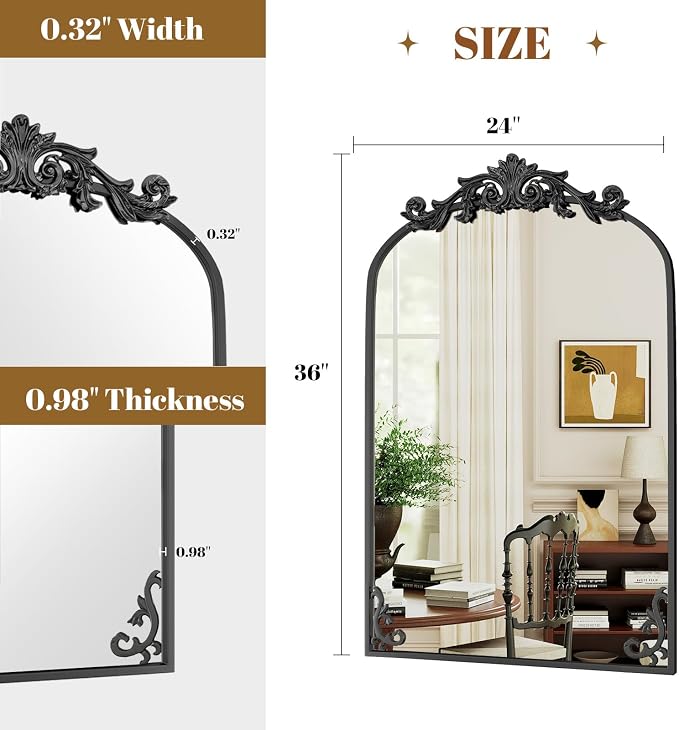 VooBang 24x36 inch Vintage Arched Bathroom Mirror - Gorgeous Wall Vanity Mirror with Beautiful Retro Top and Bottom Engraving Process Frame for Entryway Hallway Living Room, Black