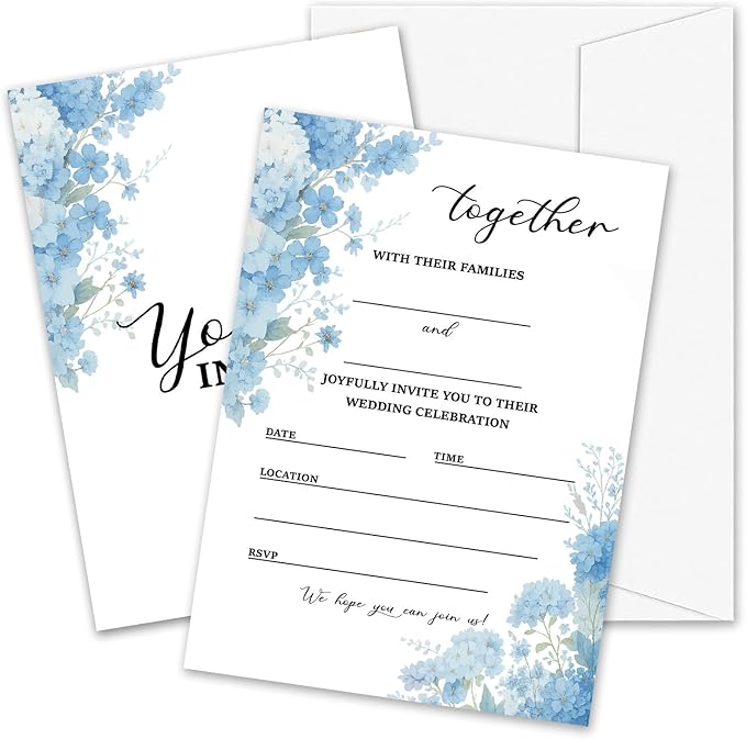Dusty Blue Floral Wedding Invitations, 5"x 7" Elegant Wedding Invites Card With Envelopes, 25 PCS for Party Decorations and Supplies - A15