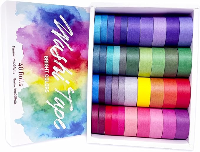 Bomichi 40 Rolls Colored Washi Tape, Aesthetic Colored Decorative Cute Scrapbook Tape for Scrapbooking Supplies Journaling Craft Junk Journal
