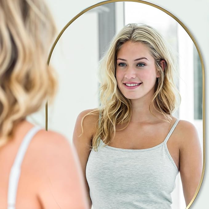 Gold Oval Mirror, 17"x30" Oval Bathroom Mirror, Vanity Mirror with Brushed Metal Frame, Wall Mount Mirrors Decor for Bathroom, Bedroom, Entryway, Living Room(Hangs Horizontally or Vertically)