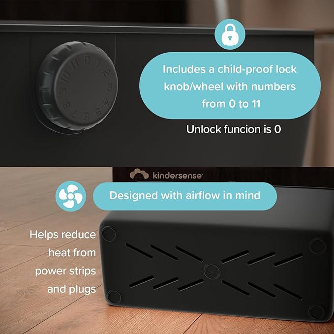 KinderSense® Cable Management Box - Cord Organizer with Child Proof Lock - Cord Hider to Conceal Wires,Power Strips from TV,Computer,Desk and Babies - 12 X 5.25 x 5.25 (Black)
