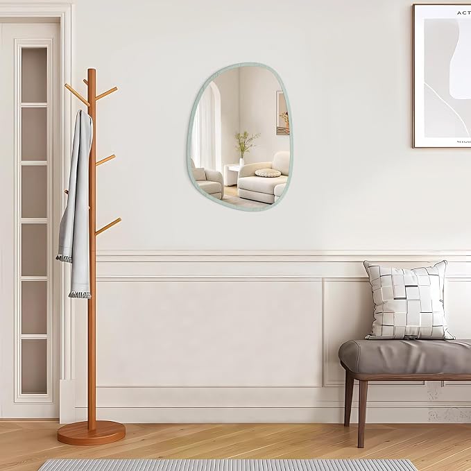 Green Wall Mirror Asymmetrical Irregular Wood Frame Mirror for Wall Unique Modern Wall-Mounted Artistic Oval Shape Small Mirror Decor for Bedroom Living Room Bathroom Entryway Hallway Vanity