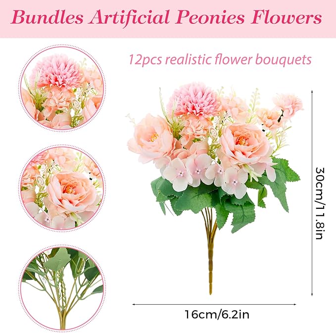 Olgaa 12 Bundles Peonies Artificial Flowers Silk Flowers Fake Peony Bouquet Faux Peonies Flowers Bulk for Wedding Decor Centerpiece Table Decorations (Pink)