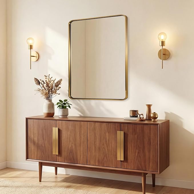 ANDY STAR 24x30’’ Gold Bathroom Mirror, Brushed Brass Mirror, Rounded Rectangle Mirrors for Bathroom Sink, Rustproof Tube Metal Framed, 1’’ Deep Wall Mounted Vertical/Horizontal