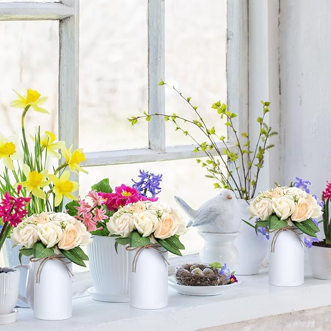 Domensi 5.91 in High Farmhouse Vase Decor Galvanized Metal Flower Vase with Twine Bow Vintage Rustic Tin Flower Buckets for Artificial Floral Table Container DIY(White,16 Pcs)