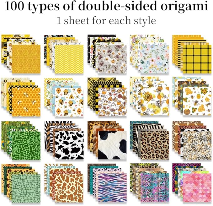 Origami Paper Kit Dobule Sided 100 Sheets 100 Colors 6 Inch Japanese Chiyo Square Easy Fold Arts Crafts DIY Handwork Origami Papers Animal Fur Bee