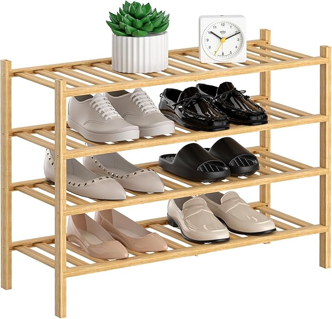 RONGJlA 4 Tier Bamboo Shoe Rack for Closet Free Standing Wood Shoe Shelf Storage Organizer for Entryway Small Space Stackable, Natural
