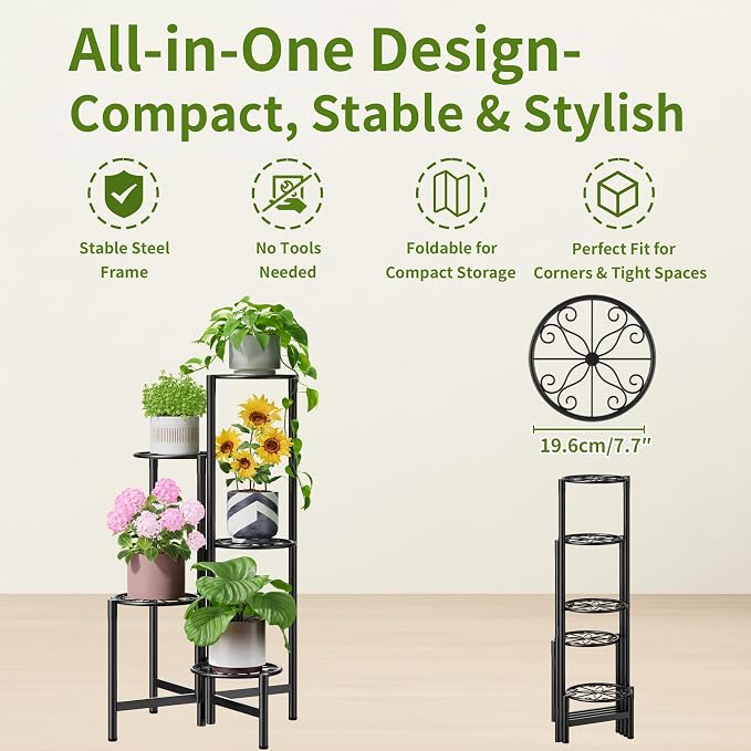 Plant Stand Indoor Outdoor, 5 Tier Corner Metal Flower Display Holder Stand, Folding Tall Plant Rack for Patio Balcony Porch Garden Living Room House, Heavy Duty Wrought Iron Plant Shelf - BlackS