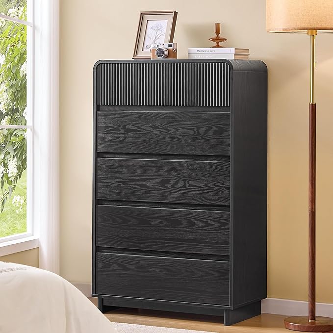 AOGLLATI Mid Century Modern 5 Drawer Dresser for Bedroom, 45" Tall Wood Fluted Dressers & Chests of Drawers with Curved Profile Design for Bedroom,Black
