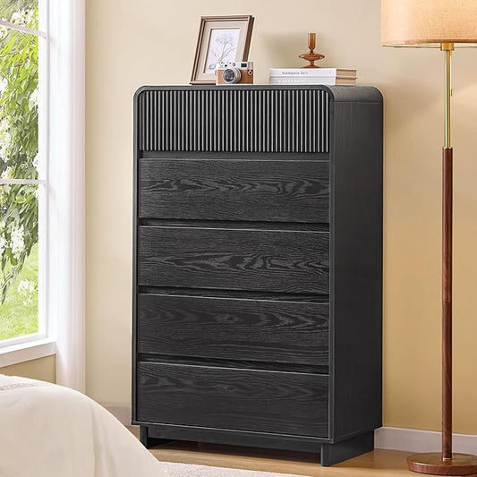 AOGLLATI Mid Century Modern 5 Drawer Dresser for Bedroom, 45" Tall Wood Fluted Dressers & Chests of Drawers with Curved Profile Design for Bedroom,Black